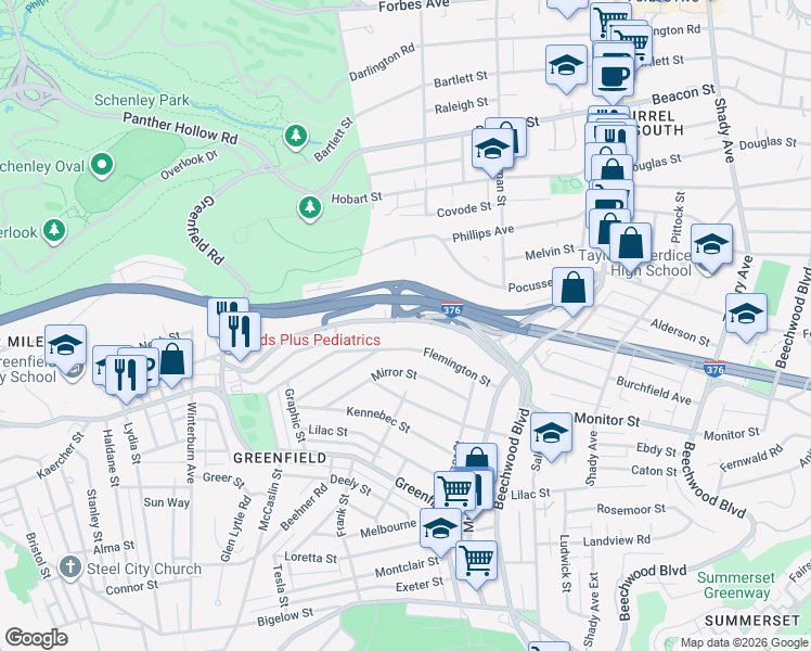 map of restaurants, bars, coffee shops, grocery stores, and more near 3857 Beechwood Boulevard in Pittsburgh
