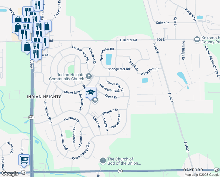 map of restaurants, bars, coffee shops, grocery stores, and more near 1108 Moccasin Trail in Kokomo