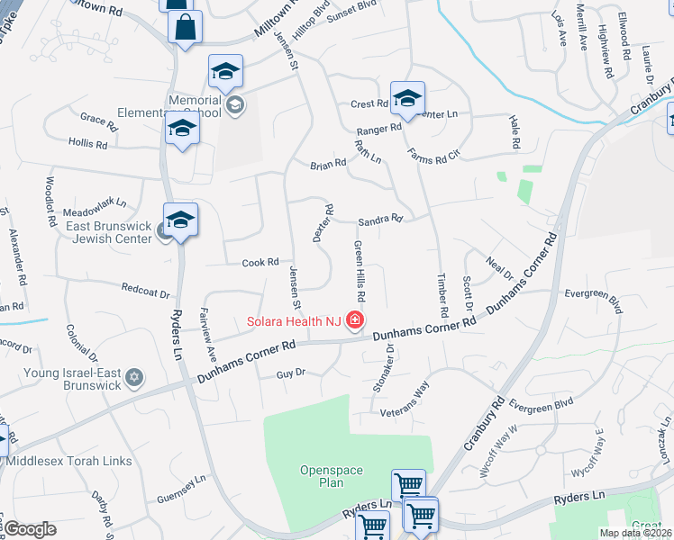 map of restaurants, bars, coffee shops, grocery stores, and more near 14 Dexter Road in East Brunswick