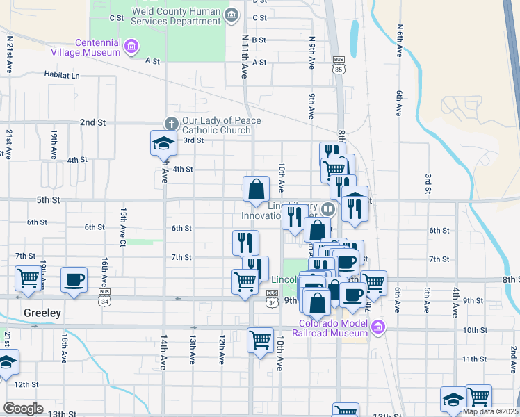 map of restaurants, bars, coffee shops, grocery stores, and more near 504 11th Avenue in Greeley