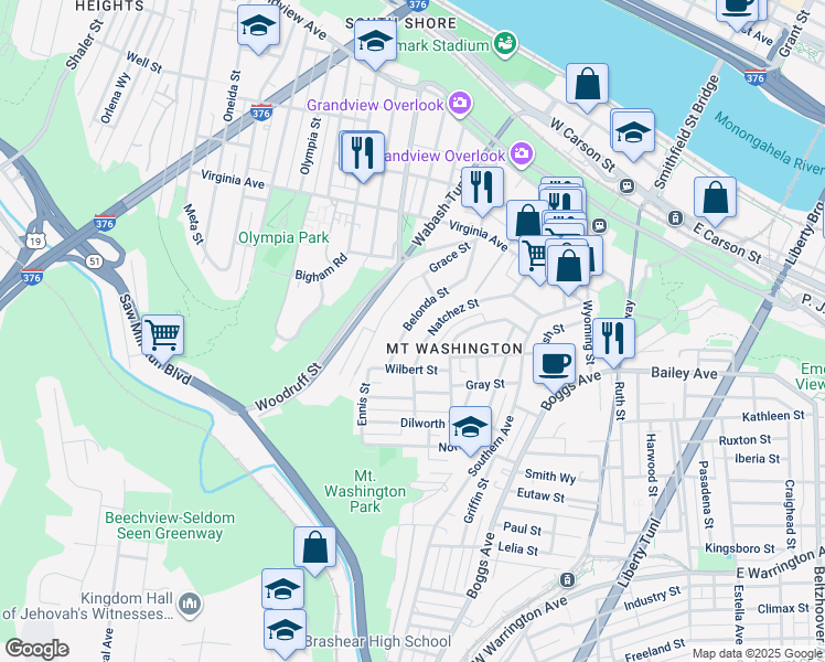 map of restaurants, bars, coffee shops, grocery stores, and more near 432 Natchez Street in Pittsburgh