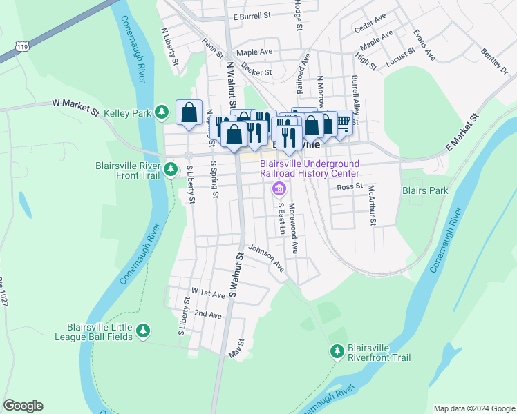 map of restaurants, bars, coffee shops, grocery stores, and more near 220 South Stewart Street in Blairsville