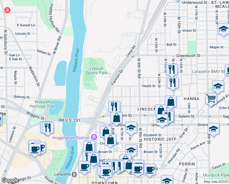 map of restaurants, bars, coffee shops, grocery stores, and more near 1115 North 6th Street in Lafayette