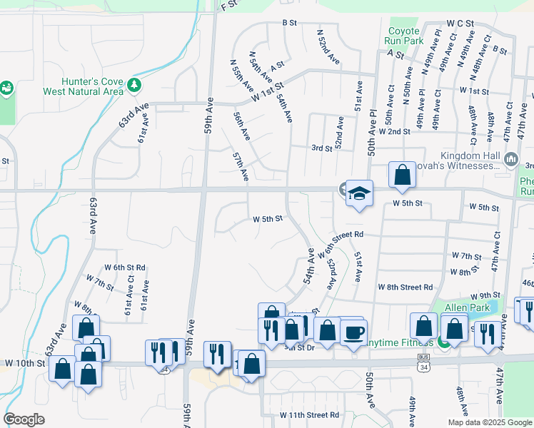 map of restaurants, bars, coffee shops, grocery stores, and more near 5505 West 5th Street in Greeley