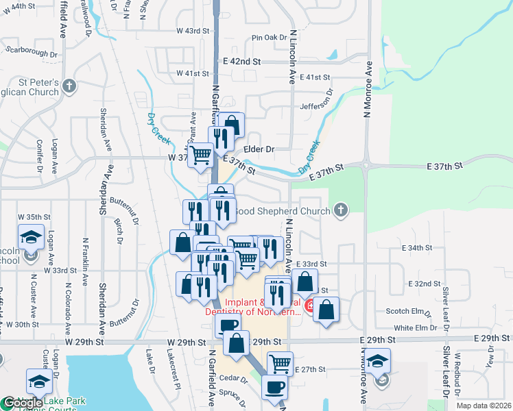 map of restaurants, bars, coffee shops, grocery stores, and more near 294 Polk Drive in Loveland