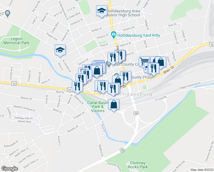 map of restaurants, bars, coffee shops, grocery stores, and more near 310 Mulberry Street in Hollidaysburg