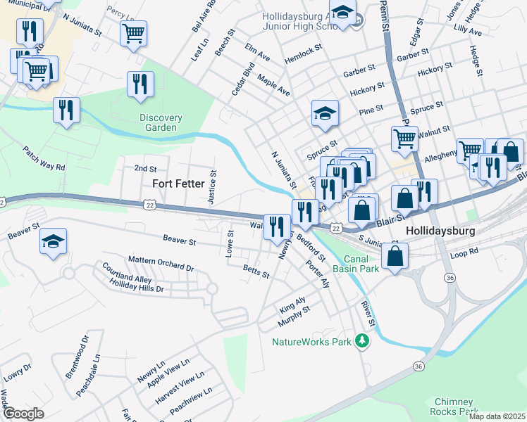 map of restaurants, bars, coffee shops, grocery stores, and more near 123-24 Broad Street in Hollidaysburg