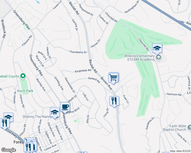 map of restaurants, bars, coffee shops, grocery stores, and more near 951 Roland Road in Pittsburgh
