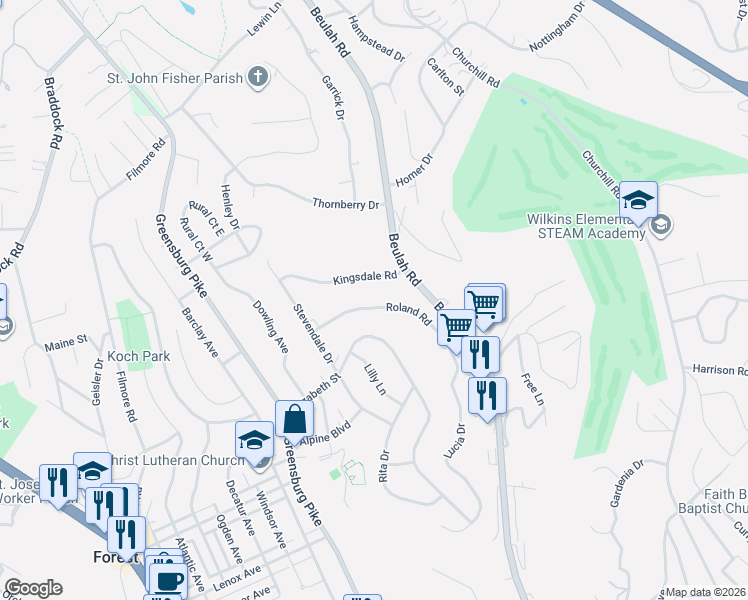 map of restaurants, bars, coffee shops, grocery stores, and more near 935 Roland Road in Pittsburgh