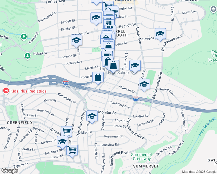 map of restaurants, bars, coffee shops, grocery stores, and more near 2720 Shady Avenue in Pittsburgh