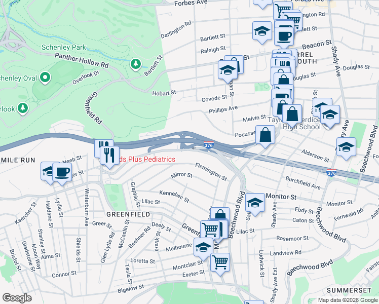 map of restaurants, bars, coffee shops, grocery stores, and more near 3809 Beechwood Boulevard in Pittsburgh