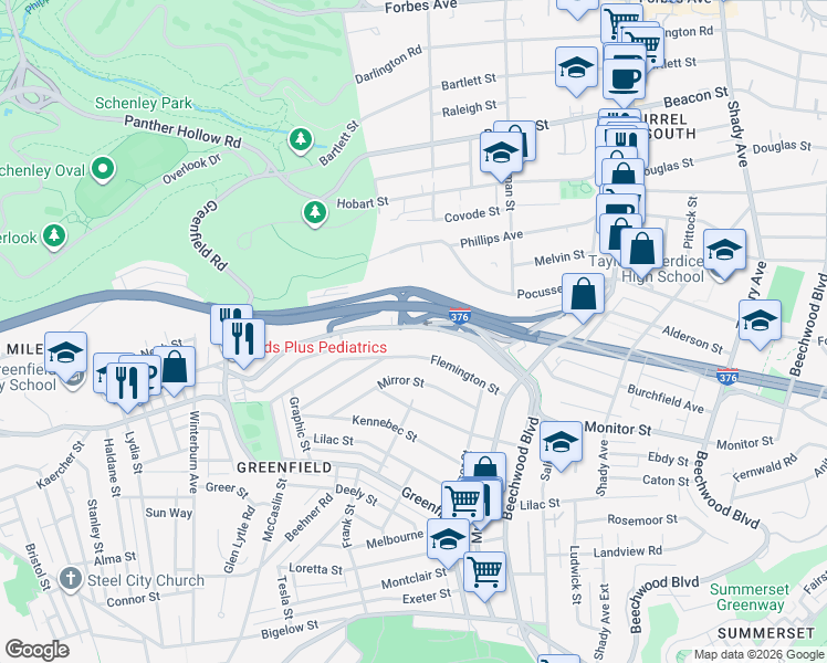map of restaurants, bars, coffee shops, grocery stores, and more near 3857 Beechwood Boulevard in Pittsburgh
