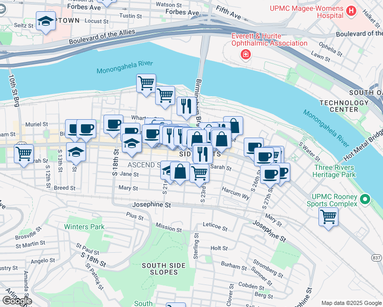 map of restaurants, bars, coffee shops, grocery stores, and more near in Pittsburgh