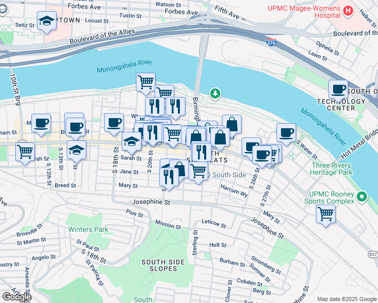 map of restaurants, bars, coffee shops, grocery stores, and more near in Pittsburgh