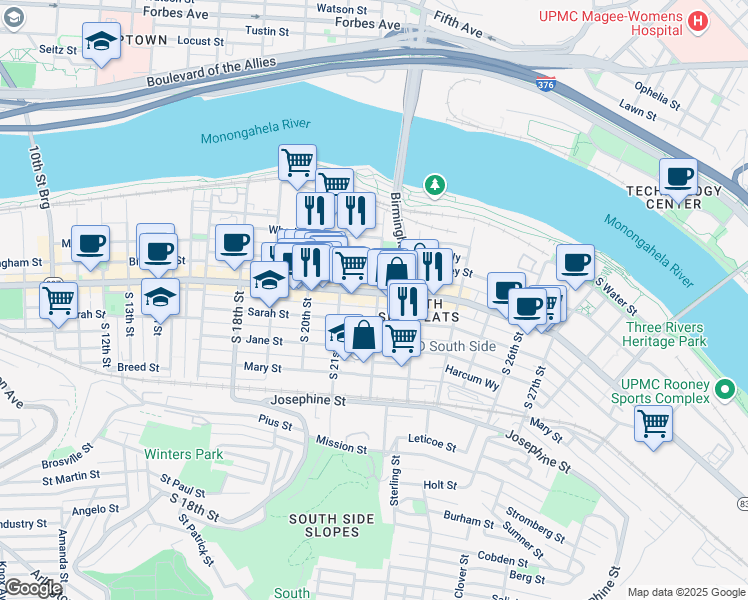 map of restaurants, bars, coffee shops, grocery stores, and more near 2135 Carey Way in Pittsburgh