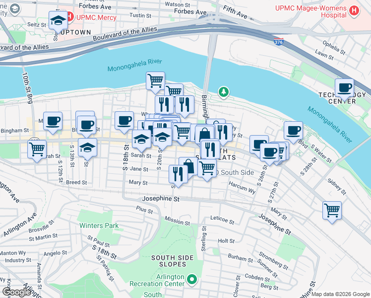 map of restaurants, bars, coffee shops, grocery stores, and more near 2135 Carey Way in Pittsburgh