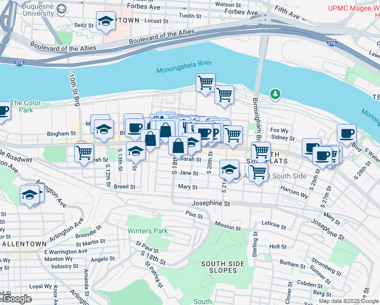 map of restaurants, bars, coffee shops, grocery stores, and more near 1807 Sarah Street in Pittsburgh