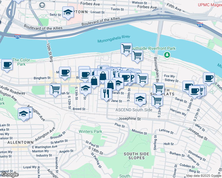 map of restaurants, bars, coffee shops, grocery stores, and more near 1807 Sarah Street in Pittsburgh