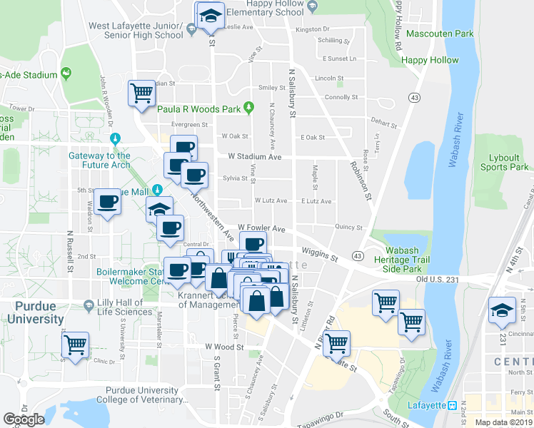 map of restaurants, bars, coffee shops, grocery stores, and more near 415 North Chauncey Avenue in West Lafayette