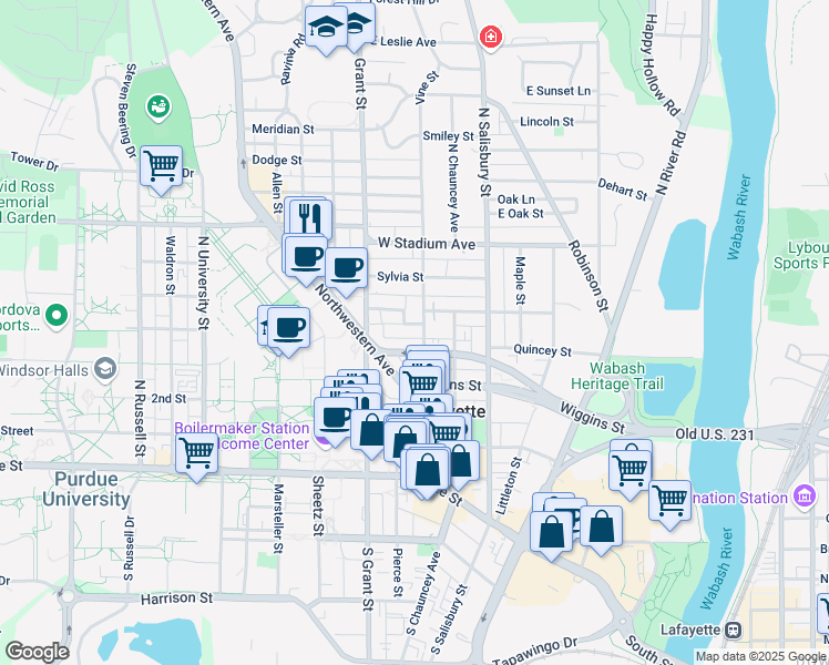 map of restaurants, bars, coffee shops, grocery stores, and more near 300 West Fowler Avenue in West Lafayette