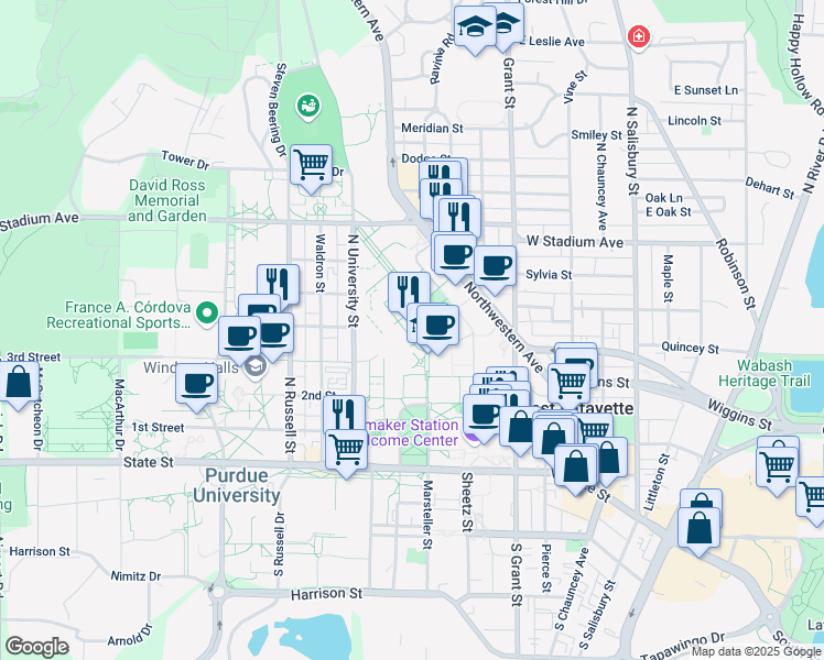 map of restaurants, bars, coffee shops, grocery stores, and more near 550 Stadium Mall Drive in West Lafayette