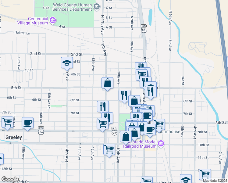 map of restaurants, bars, coffee shops, grocery stores, and more near 504 11th Avenue in Greeley