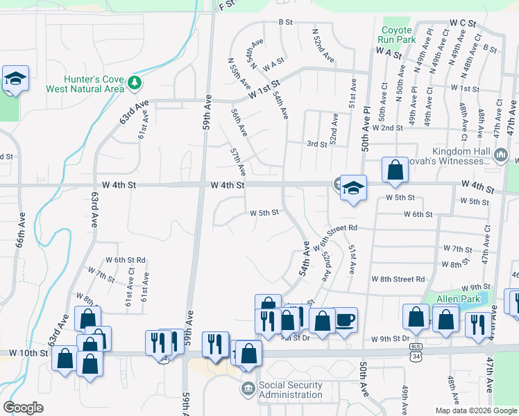map of restaurants, bars, coffee shops, grocery stores, and more near 5505 West 5th Street in Greeley