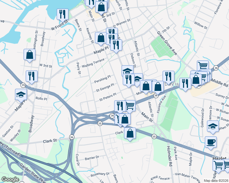 map of restaurants, bars, coffee shops, grocery stores, and more near 37 Saint Peters Place in Hazlet