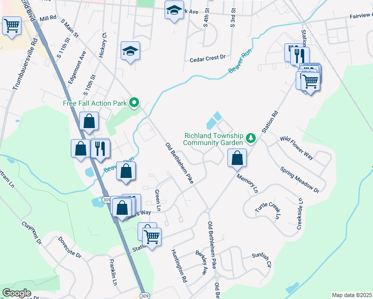 map of restaurants, bars, coffee shops, grocery stores, and more near 1118 Liberty Court in Quakertown