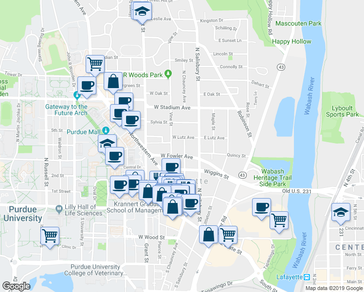 map of restaurants, bars, coffee shops, grocery stores, and more near 421 North Chauncey Avenue in West Lafayette