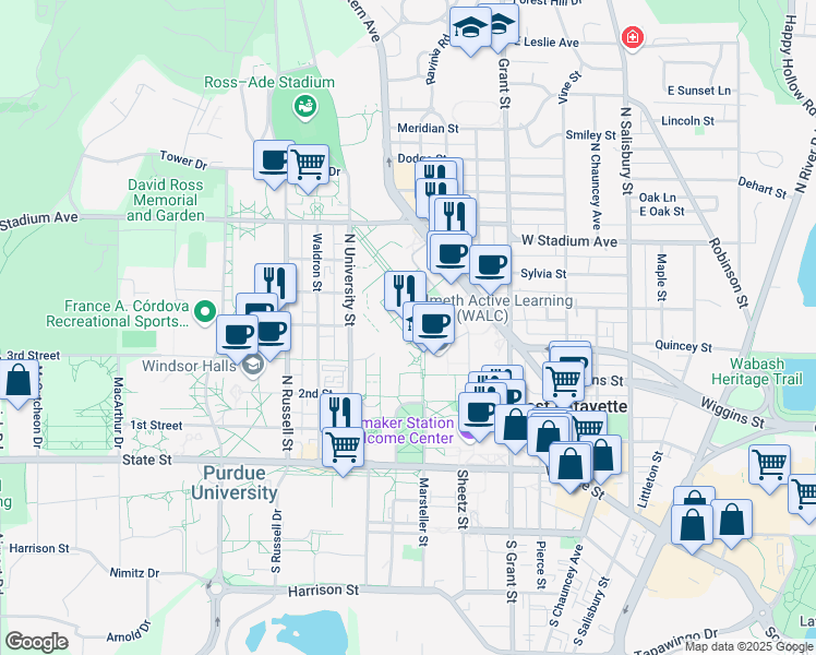 map of restaurants, bars, coffee shops, grocery stores, and more near 610 Purdue Mall in West Lafayette