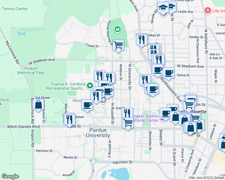 map of restaurants, bars, coffee shops, grocery stores, and more near 390 North Russell Street in West Lafayette