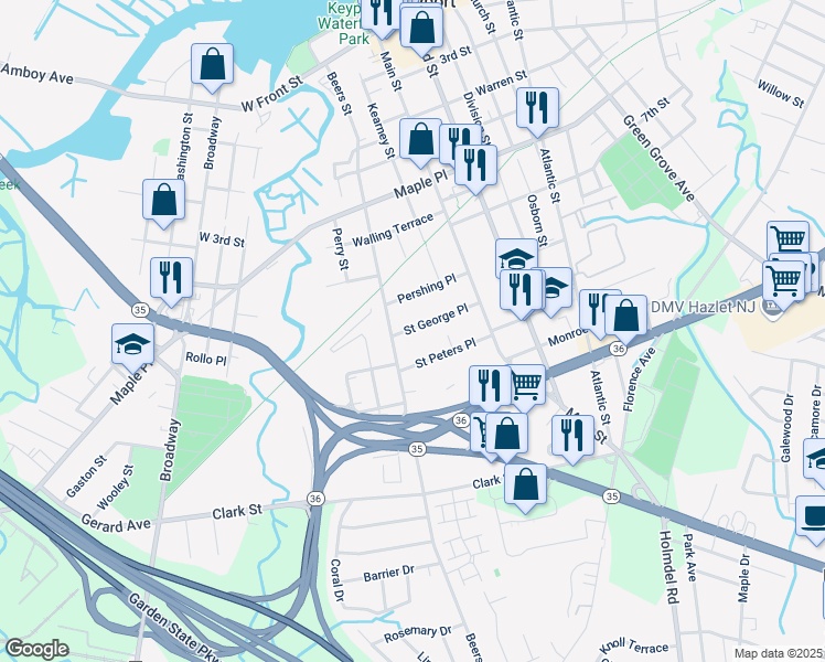 map of restaurants, bars, coffee shops, grocery stores, and more near 25 Saint George Place in Keyport
