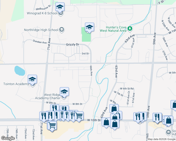 map of restaurants, bars, coffee shops, grocery stores, and more near 6610 West 4th Street Road in Greeley