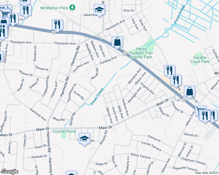 map of restaurants, bars, coffee shops, grocery stores, and more near 23 Briarcliff Place in Middletown