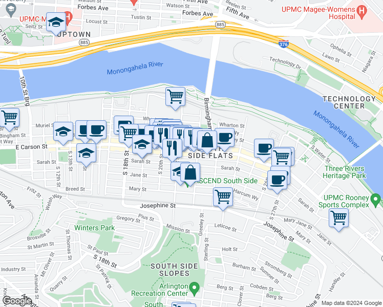 map of restaurants, bars, coffee shops, grocery stores, and more near 2126 East Carson Street in Pittsburgh