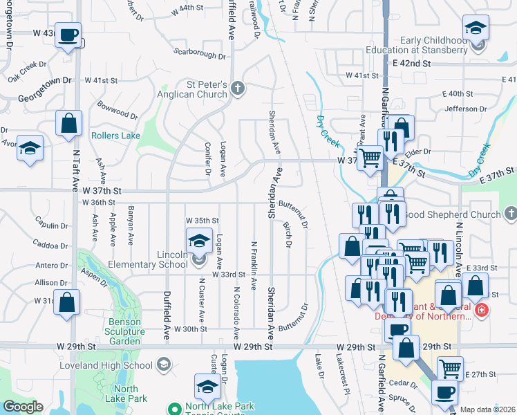 map of restaurants, bars, coffee shops, grocery stores, and more near 3514 North Franklin Avenue in Loveland