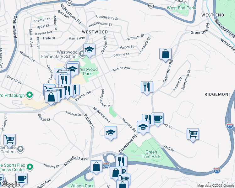 map of restaurants, bars, coffee shops, grocery stores, and more near 54 Warriors Road in Pittsburgh