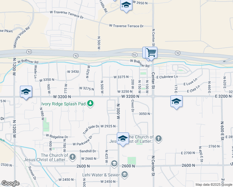map of restaurants, bars, coffee shops, grocery stores, and more near 343 West 3250 North in Lehi