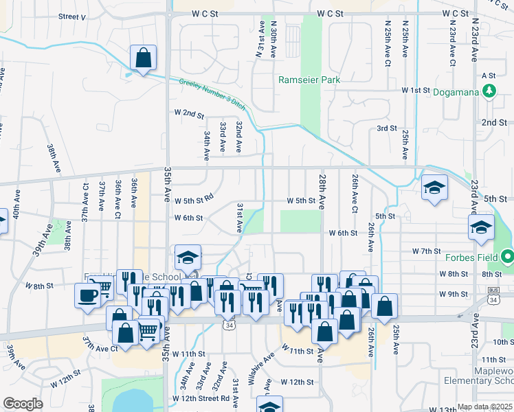 map of restaurants, bars, coffee shops, grocery stores, and more near 3024 West 5th Street in Greeley