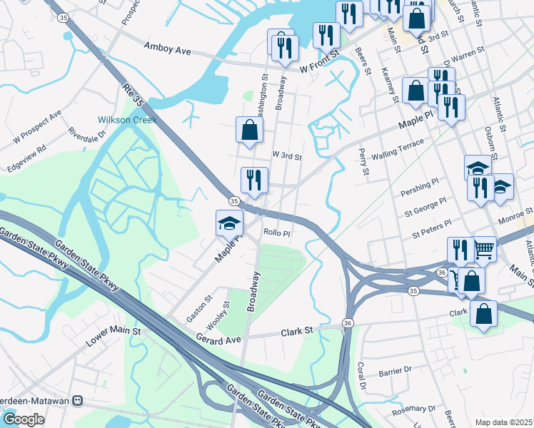 map of restaurants, bars, coffee shops, grocery stores, and more near New Jersey 35 & Maple Place in Keyport