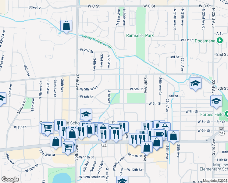 map of restaurants, bars, coffee shops, grocery stores, and more near 3024 West 5th Street in Greeley