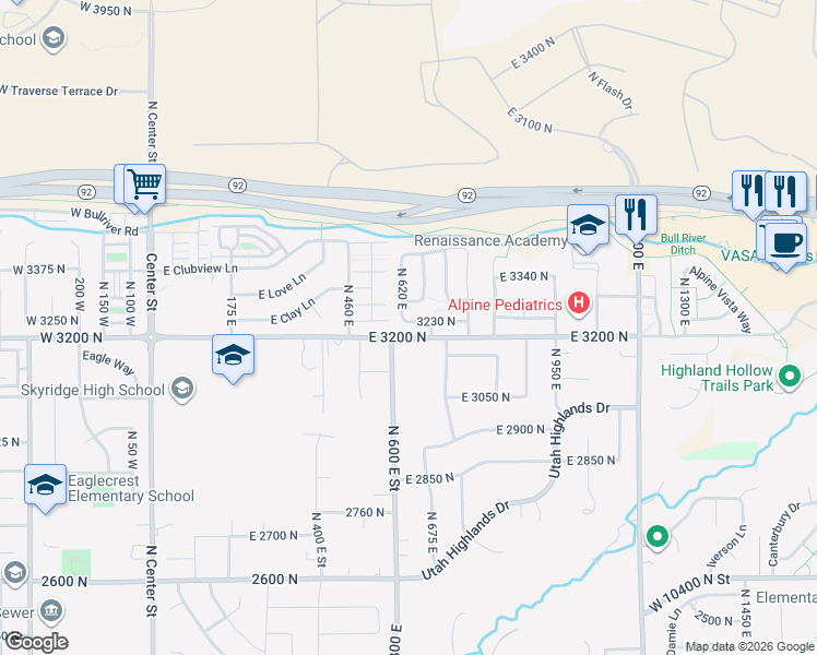 map of restaurants, bars, coffee shops, grocery stores, and more near 624 East 3230 North in Lehi