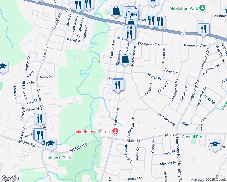 map of restaurants, bars, coffee shops, grocery stores, and more near 7 Mary Ann Court in Keansburg