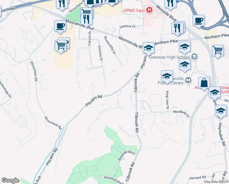 map of restaurants, bars, coffee shops, grocery stores, and more near 112 Wallace Drive in Monroeville