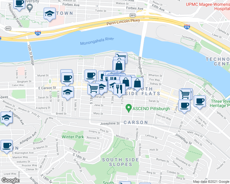 map of restaurants, bars, coffee shops, grocery stores, and more near in Pittsburgh