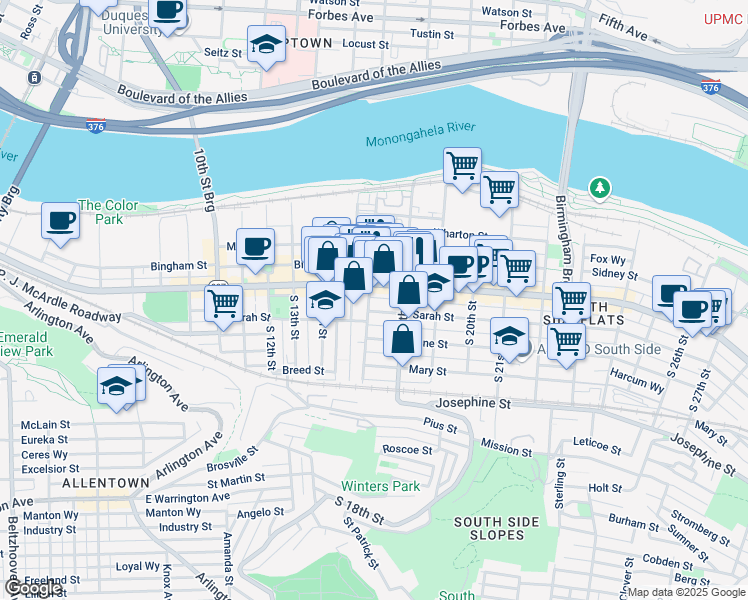 map of restaurants, bars, coffee shops, grocery stores, and more near 1715 Sarah Street in Pittsburgh