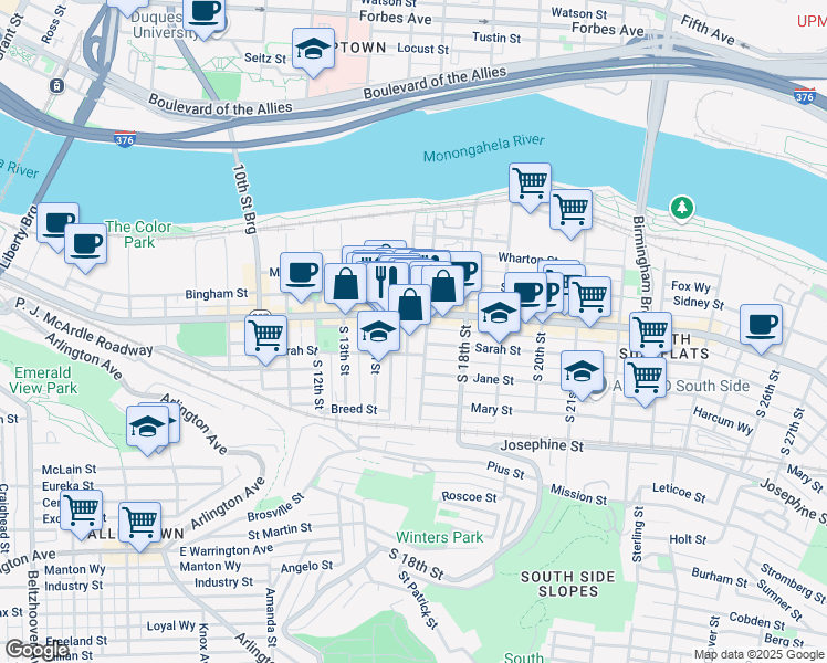 map of restaurants, bars, coffee shops, grocery stores, and more near 114 South 16th Street in Pittsburgh