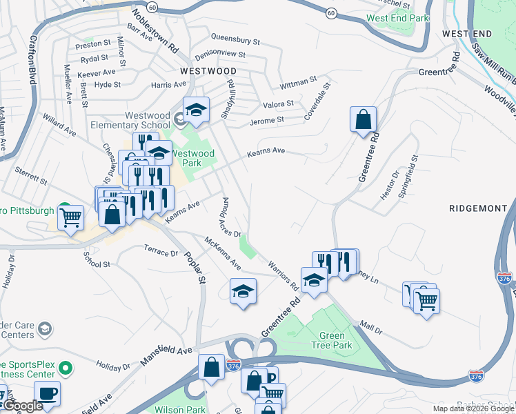map of restaurants, bars, coffee shops, grocery stores, and more near 54 Warriors Road in Pittsburgh