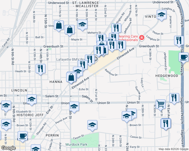map of restaurants, bars, coffee shops, grocery stores, and more near 1033 North 21st Street in Lafayette